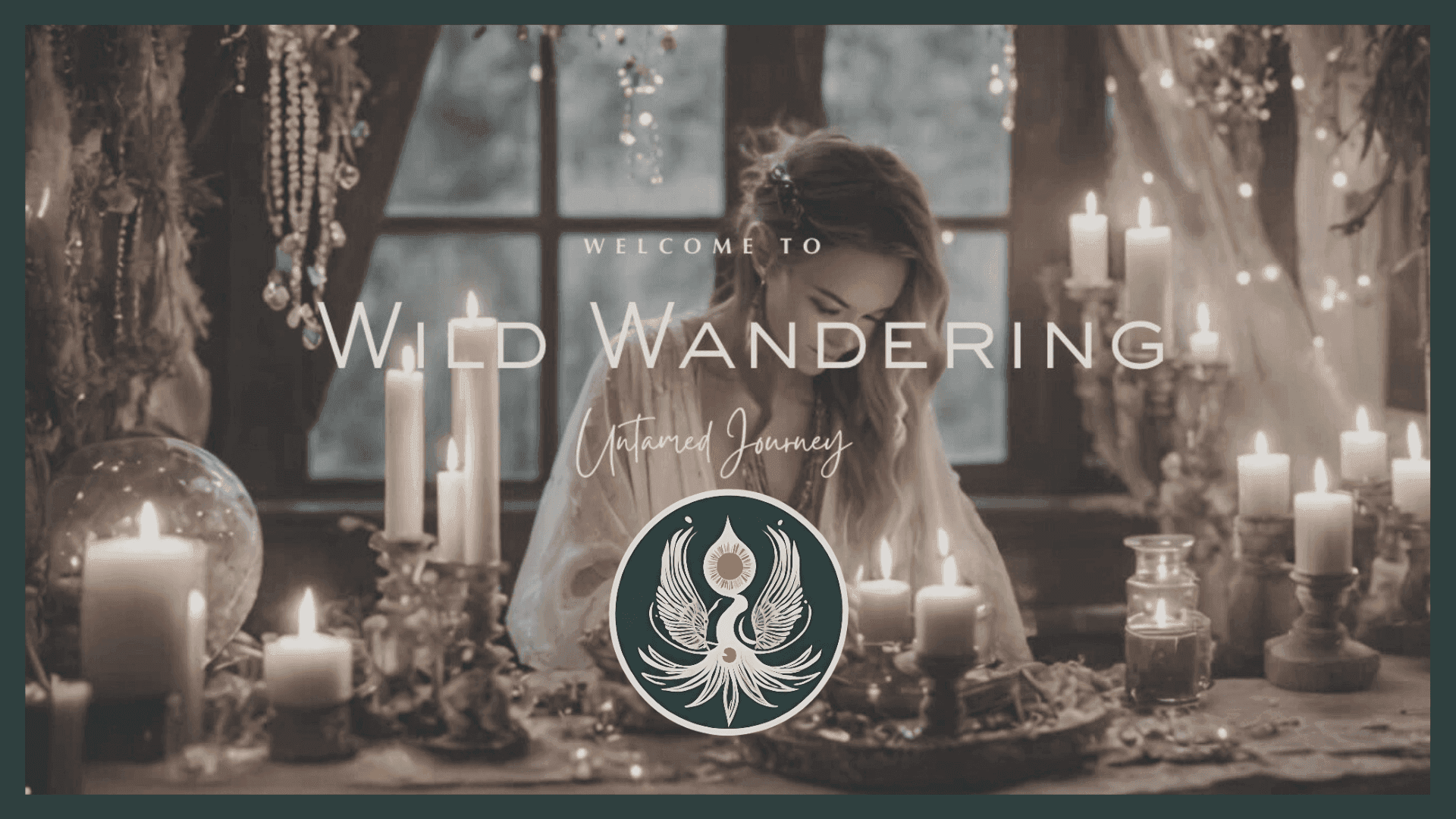 Welcome to Wild Wandering: Untamed Journey. Woman surrounded by lit candles and mystical decorations.