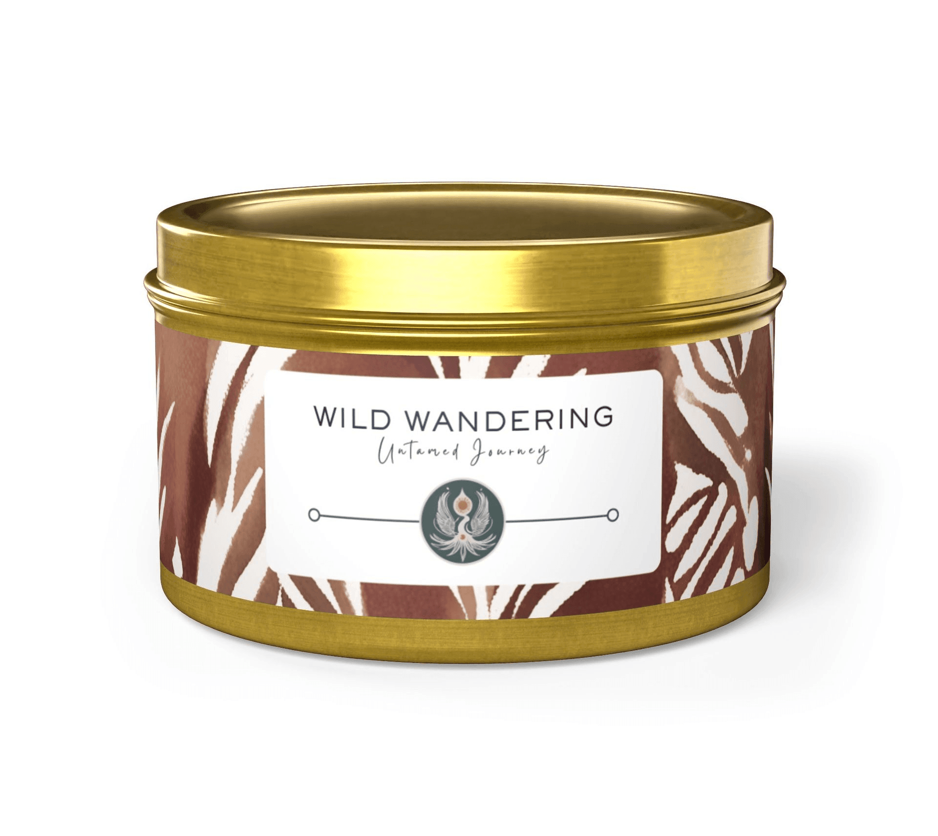 Gold-colored tin can with 'Wild Wandering Untamed Journey' label and abstract leaf design.