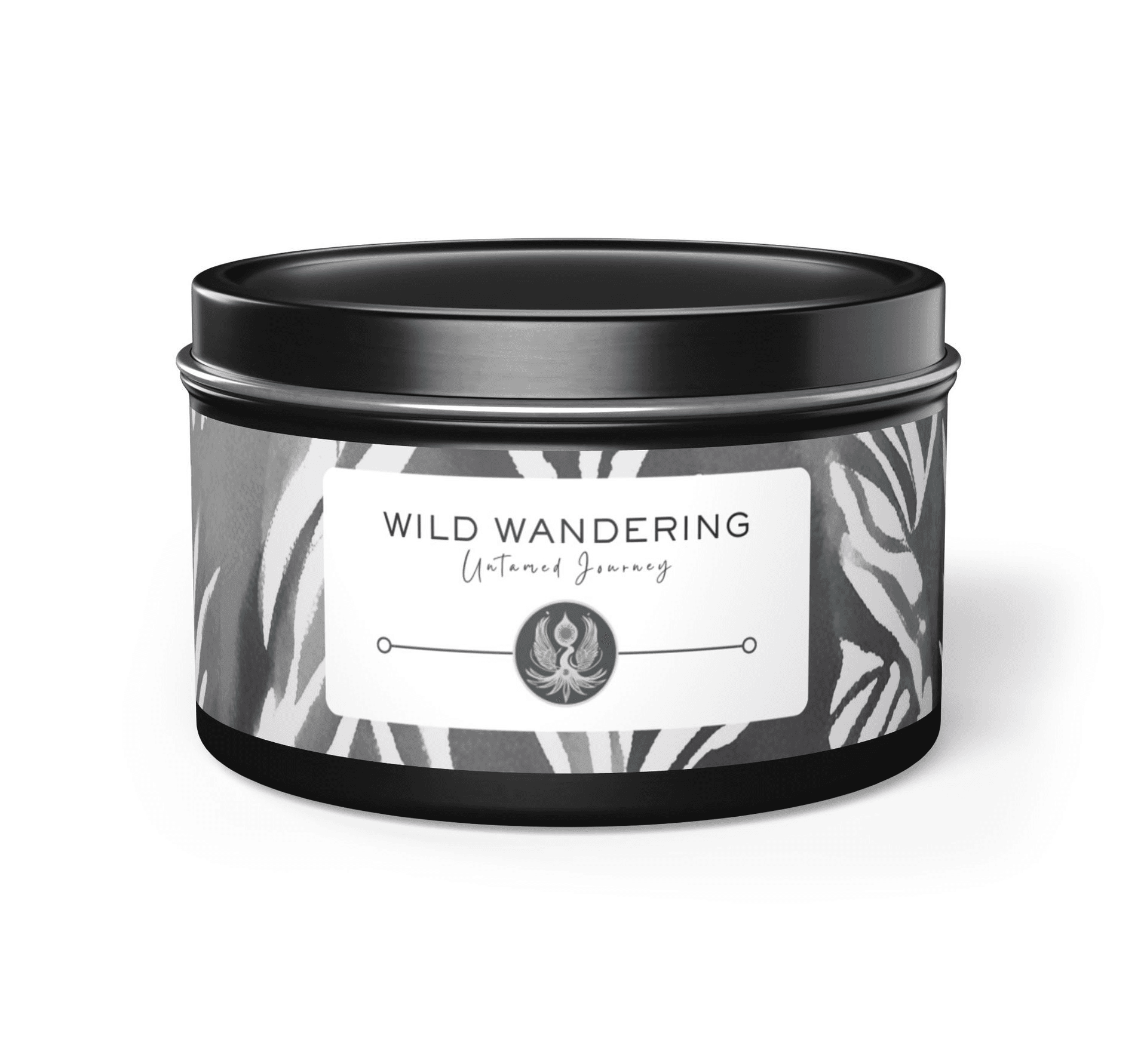 Black tin container labeled Wild Wandering Untamed Journey with a zebra pattern design on the label.