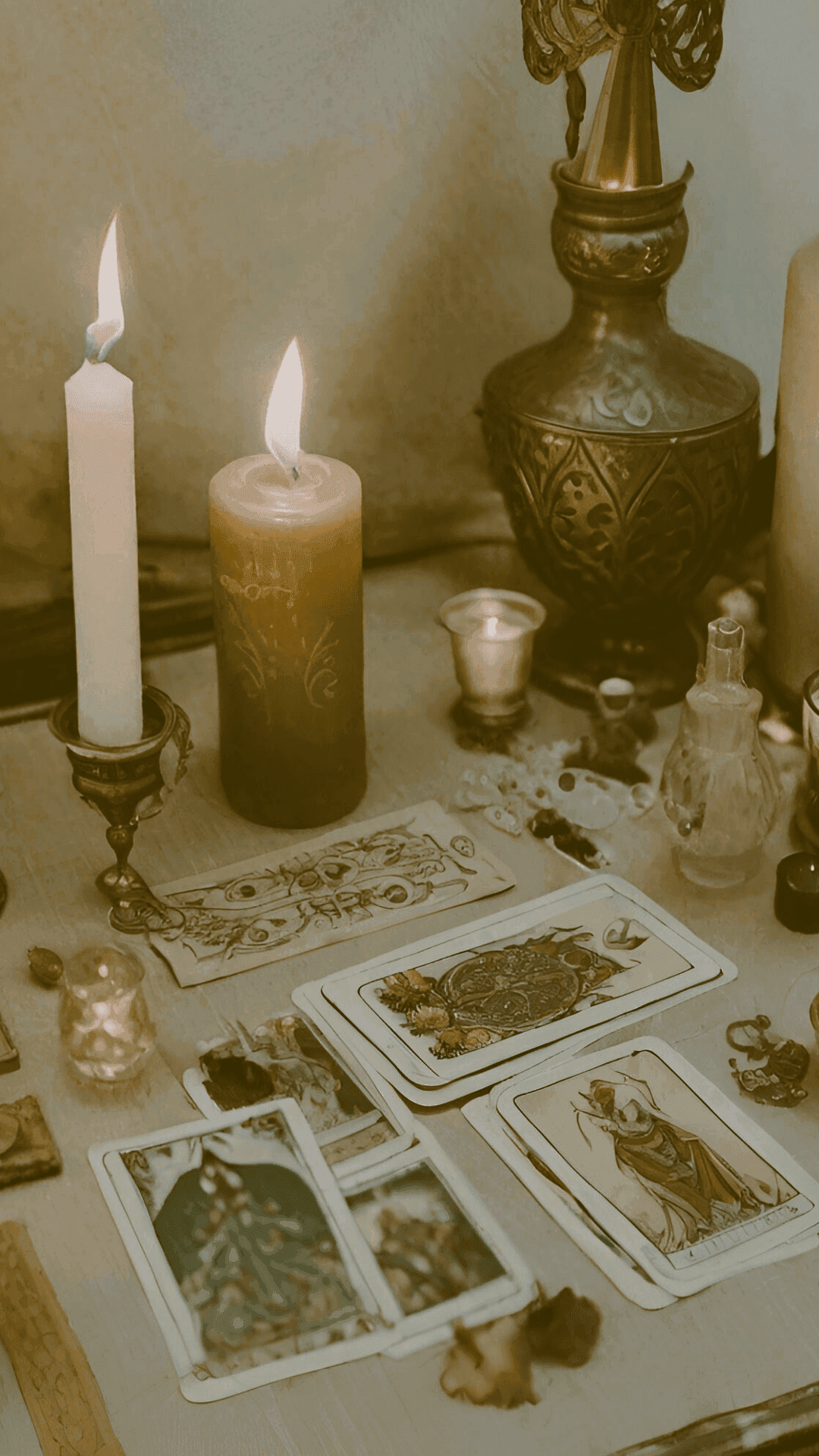 A mystical setup with lit candles, tarot cards, and various objects on a wooden surface.