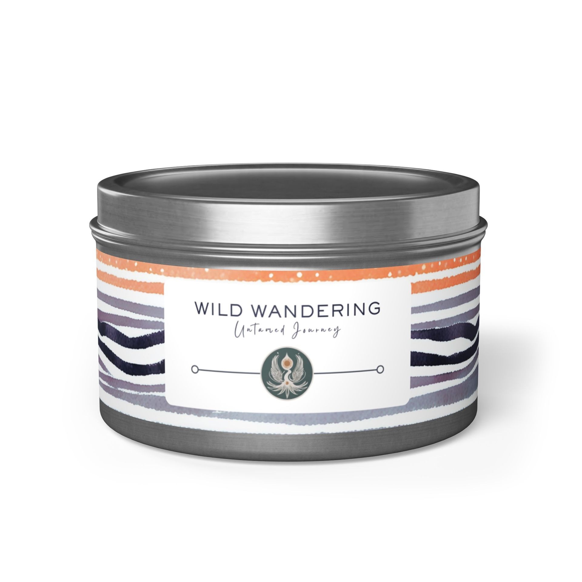 A silver tin labeled 'Wild Wandering Untamed Journey' with colorful striped design.