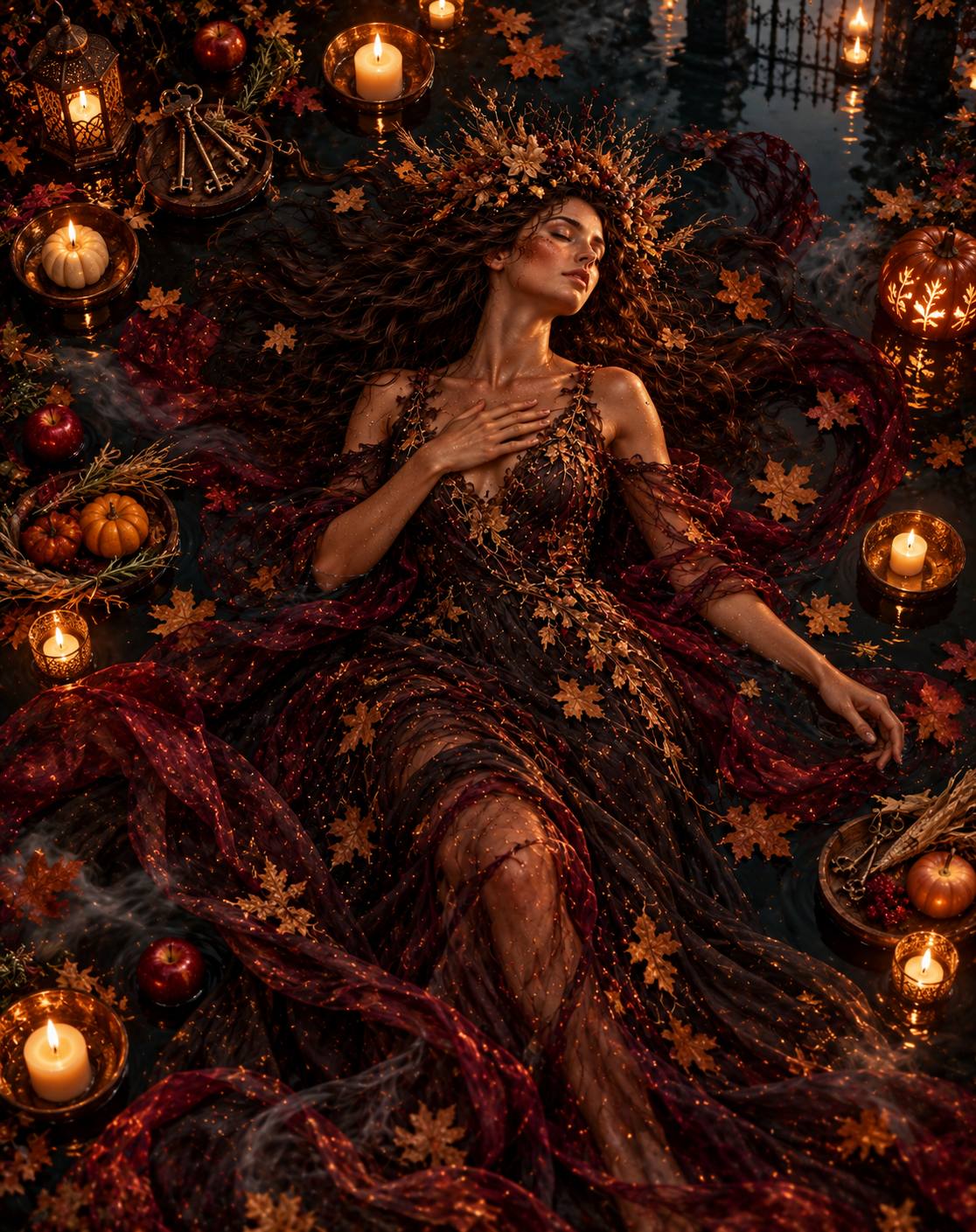 A woman with closed eyes floats in dark water in a gown of deep red and wine-colored layers, a crown of autumn leaves in her hair, one hand on her heart. Around her drift maple leaves, apples, small pumpkins, old keys, and glowing candles in glass holders.